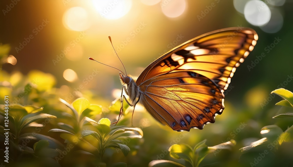 Poster stunning closeup of a butterfly spreading wings in sunlight, showcasing intricate patterns and rich 