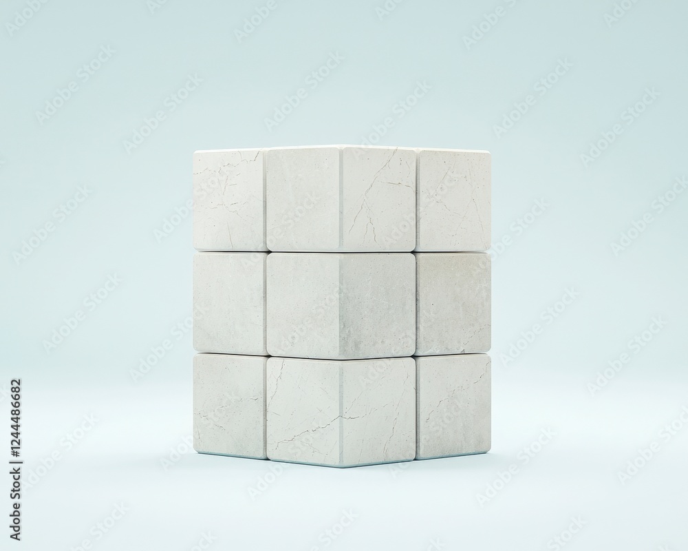 Poster a minimalistic, abstract 3d representation of a white cube composed of smaller blocks, symbolizing c