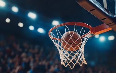 Close-up of Basketball Going Through Net in Arena, Cheering Fans in Background