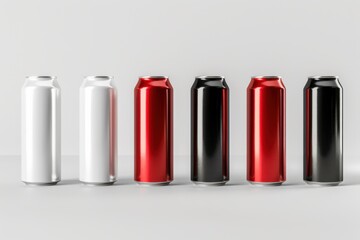 High-quality 3D render of aluminum slim cans in silver, white, black, and red, arranged on an isolated white background, perfect for beer can mockup templates