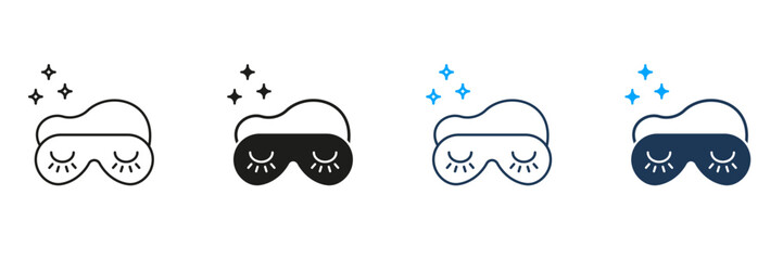 Sleep Mask with Stars Line and Silhouette Icon Set. Restful Night and Dreaming Symbol. Eye Mask for Sleeping. Nighttime Comfort. Editable Stroke. Isolated Vector Illustration