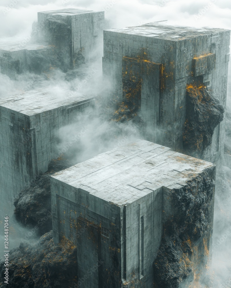 Poster aerial view of futuristic, abstract concrete structures surrounded by mist, creating an ethereal lan