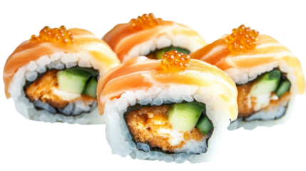 Philadelphia uramaki sushi rolls with salmon, cream cheese, cucumber, and fish roe on transparent background