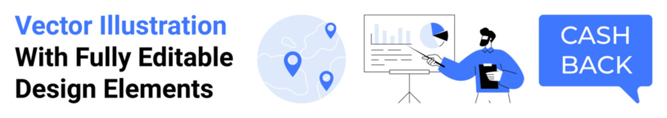 Professional presenting data on screen with charts and geolocation icons, accompanied by a cashback speech bubble. Ideal for business, sales, analytics, marketing, strategy, finance, flat landing