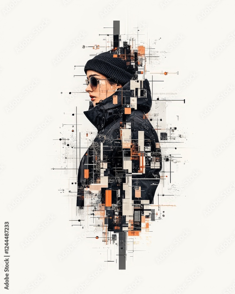 Poster a modern artistic portrait with abstract patterns, showcasing a figure in stylish attire, blending t
