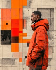 Fototapeta premium A stylish individual wearing a vibrant orange jacket stands against a modern geometric mural, showcasing a blend of fashion and urban art.