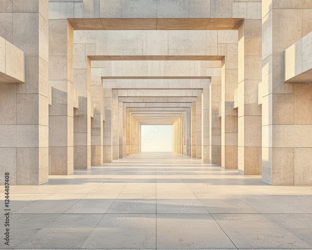 Poster a stunning architectural corridor featuring symmetrical pillars and an inviting bright light at the 
