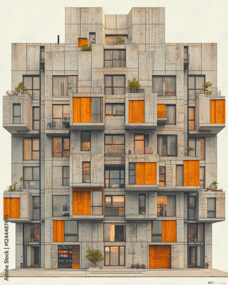 Poster a modern architectural design of a multi-story building showcasing unique concrete patterns and wood