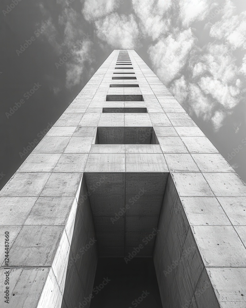 Aufkleber a striking black and white image showcasing the towering structure of a modern concrete building rea