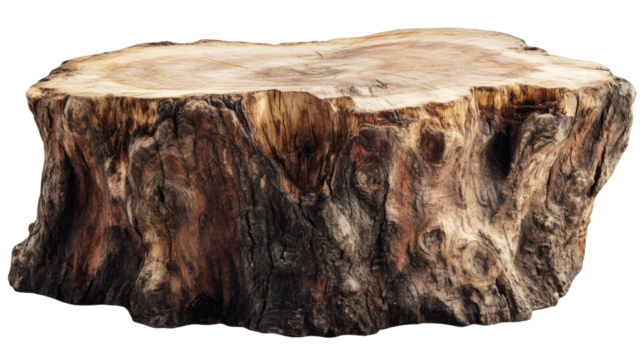 Large tree stump showing growth rings on transparent background