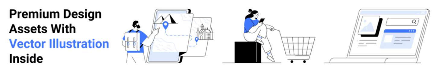 Designers collaborating on maps, shopper with a cart, and webpage design interface. Ideal for marketing, e-commerce, collaboration, technology, analytics teamwork web design. Clean flat landing