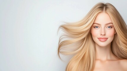Naklejka premium Portrait of a very beautiful sensual young woman with beautiful well-groomed healthy hair and clear skin, a banner with a girl of incredible beauty