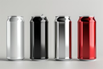 High-quality 3D render of aluminum slim cans in silver, white, black, and red, arranged on an isolated white background, perfect for beer can mockup templates