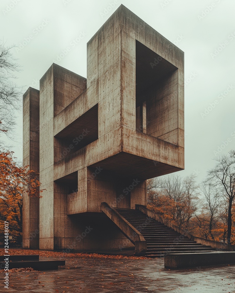 Poster a unique concrete structure stands amid autumn trees, showcasing bold geometric forms against a gray