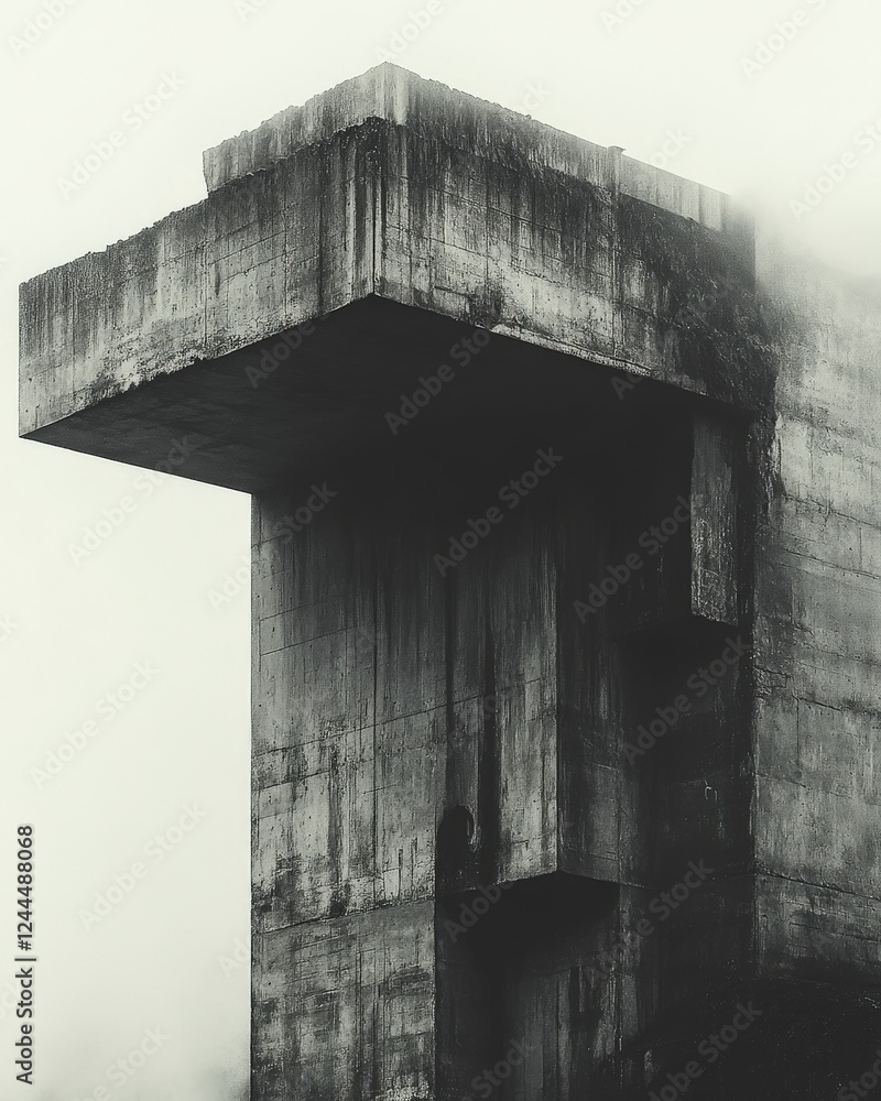 Poster a striking image of a modernist concrete structure shrouded in mist, showcasing bold lines and geome