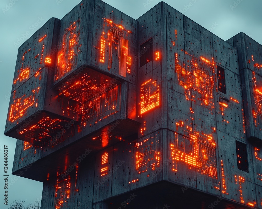 Poster a striking modern building design featuring illuminated panels, creating a unique visual effect amid
