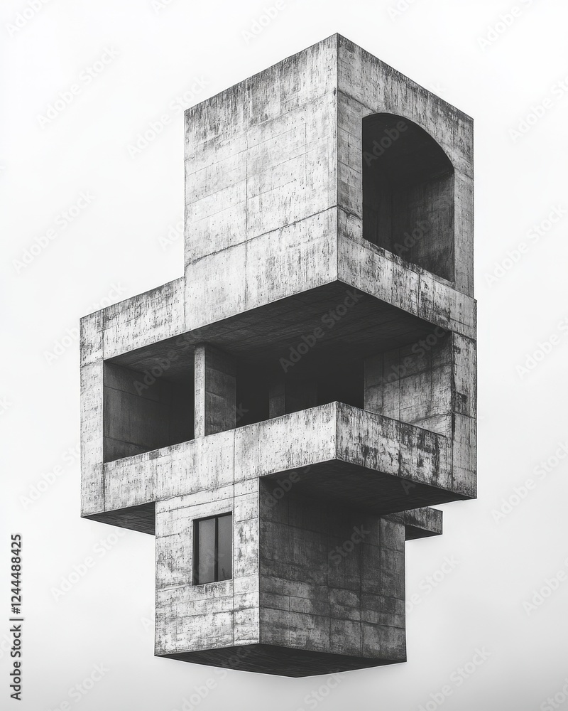 Poster a striking architectural design showcasing a modern concrete structure with unique geometric shapes 