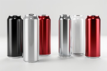 High-quality 3D render of aluminum slim cans in silver, white, black, and red, arranged on an isolated white background, perfect for beer can mockup templates