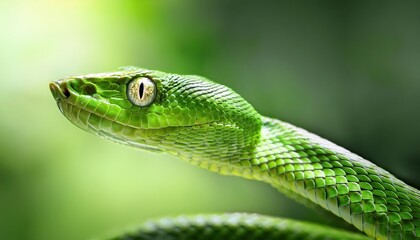Obraz premium Striking Portrait of a Vivid Green Snake, Showcasing Intricate Scales and Intense Eyes Amidst Lush Emerald Surroundings
