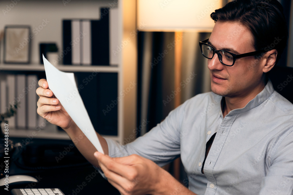 Poster smiling smart businessman holding paperwork report paragraph dynamic database compare with pc for hi