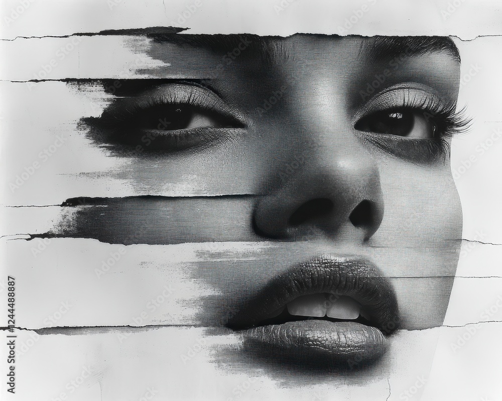 Poster an artistic representation of a human face, blending emotion and abstraction, showcasing intricate d