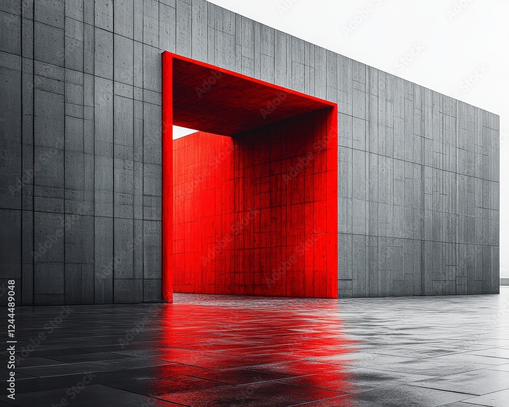Aufkleber a striking modern architecture featuring a minimalist concrete structure with a bold red entrance, b
