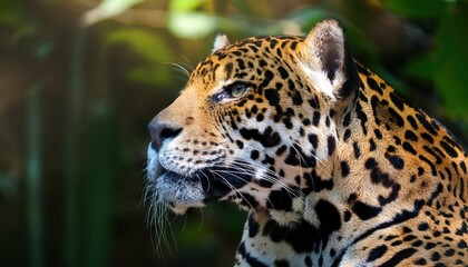 Obraz premium Striking Closeup of a Majestic Jaguar in Lush Tropical Jungle Vibrant Greens and Golden Sunlight Illuminate Amazing Wildlife at Dusk,