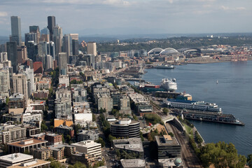 USA, Washington State, Seattle. Downtown, Waterfront and Sports Stadiums