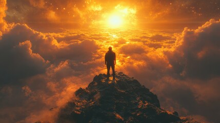 A figure stands confidently on a rocky peak, overlooking vast clouds illuminated by a vibrant sunset. The sky is awash in warm hues creating a captivating atmosphere