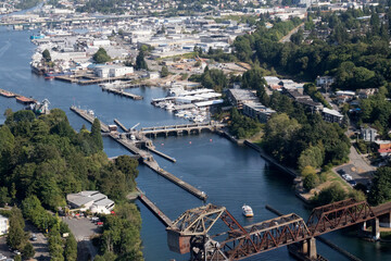 USA, Washington State, Seattle. Salmon Bay, Hiram M. Chittenden Locks and Bascule railroad bridge