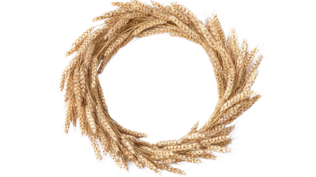 Golden wheat wreath forming a perfect circle on transparent background