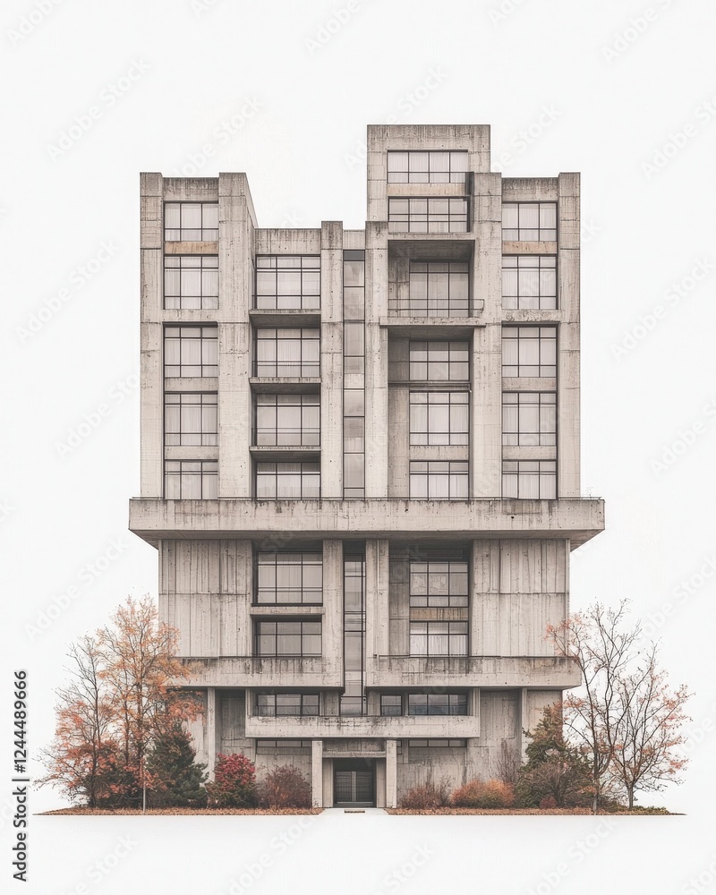 Poster a striking modernist building with intricate geometric patterns and large windows, surrounded by lus