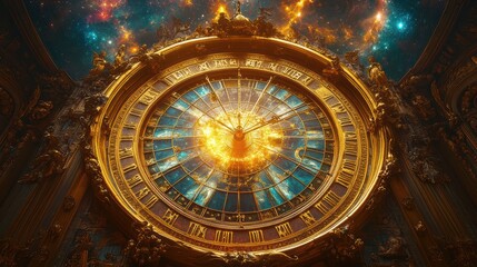 An ornate clock features golden details and luminous colors, radiating warmth against a mesmerizing cosmic backdrop filled with stars and galaxies