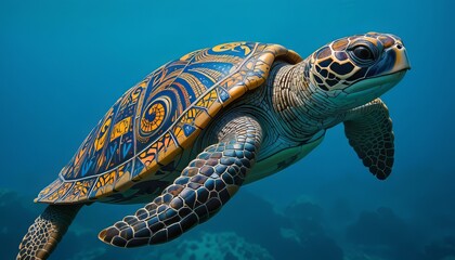 Sea turtle with a colorful shell swimming in the ocean, nature photography