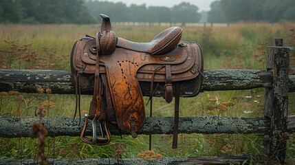 A rustic scene of a well used leather tied to a wooden barrier in front of green meadows 