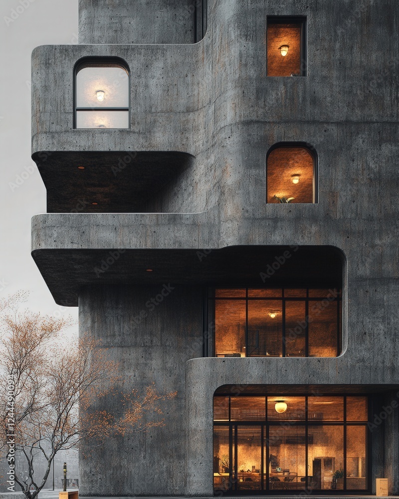 Poster a modern concrete building features unique architecture with intricate window designs, showcasing a 