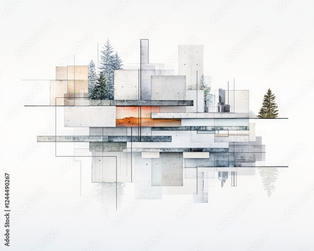 Poster a modern architectural concept blending abstract and natural elements with layered geometric structu