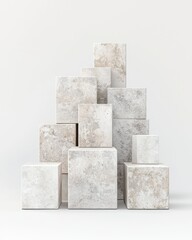 A minimalist stack of textured concrete blocks arranged artistically, showcasing modern design elements and a neutral color palette.