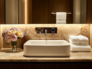 Modern bathroom sink with flowers, towels, and warm lighting
