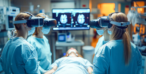 Surgeons using virtual reality technology for medical training in an operating room during a clinical procedure