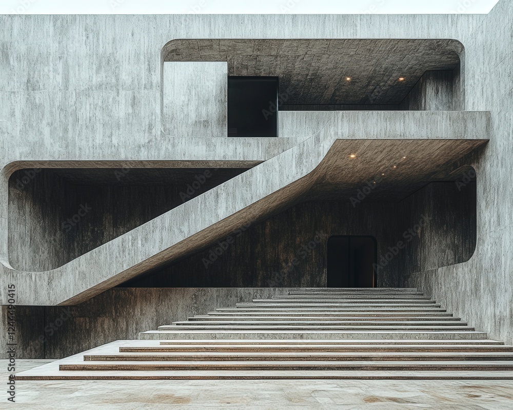 Poster a modern concrete structure featuring dynamic lines and shapes, showcasing unique architectural desi