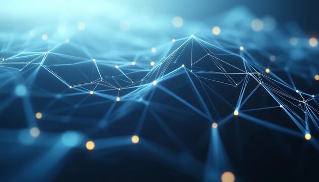 Abstract Geometric Landscape, Interconnected Nodes, Futuristic Technology, Deep Blue Background