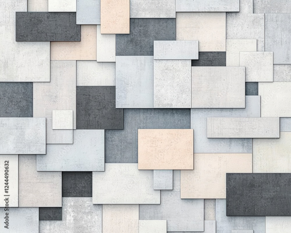 Poster Abstract composition of concrete tiles in various sizes and colors, creating a visually dynamic background for modern architectural designs.