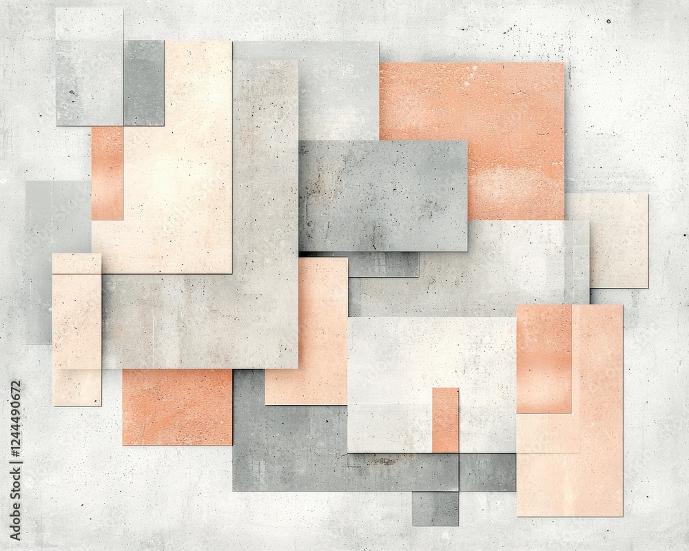 Poster abstract composition featuring geometric shapes in soft hues of grey and peach, creating a modern an