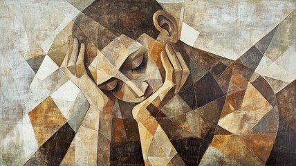 Abstract geometric portrait of a contemplative figure in earth tones