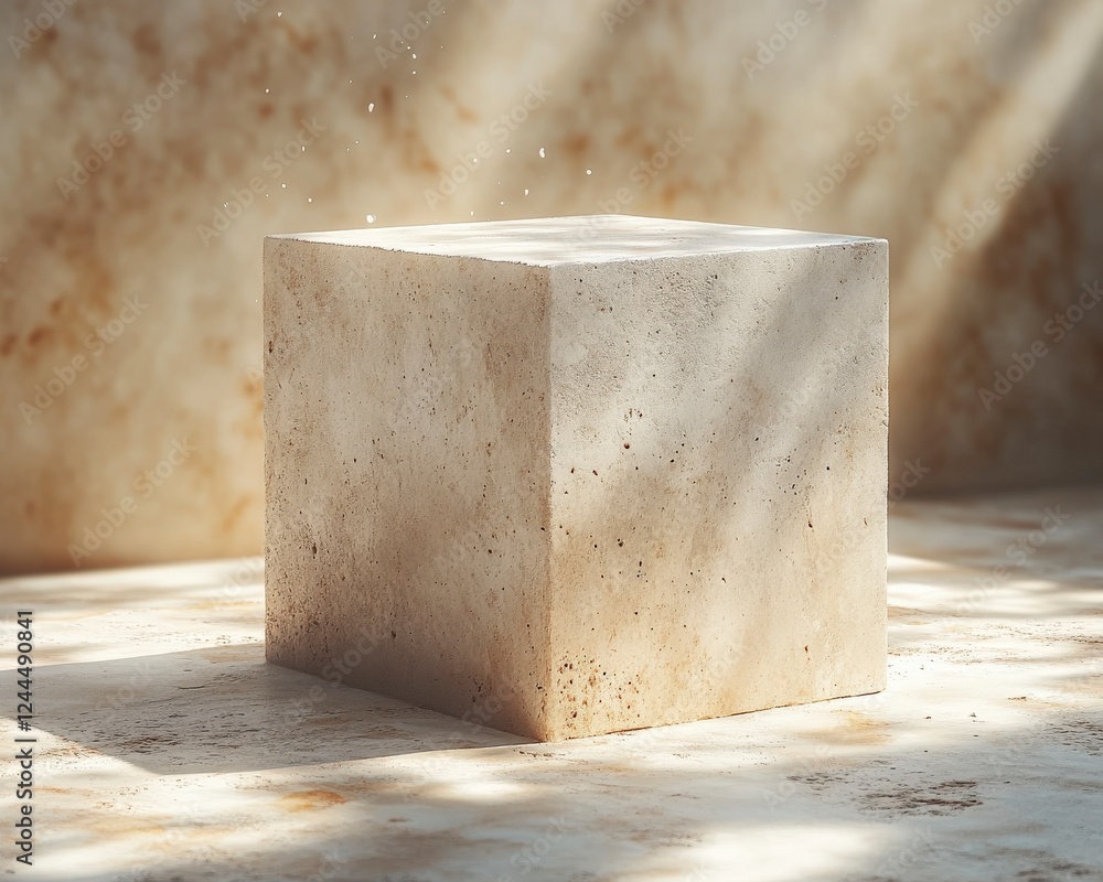 Poster a minimalist concrete cube illuminated by soft light, creating subtle shadows on a textured backgrou