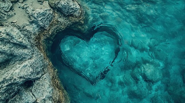 Heart-shaped water pool formed by coastal rocks against turquoise seascape