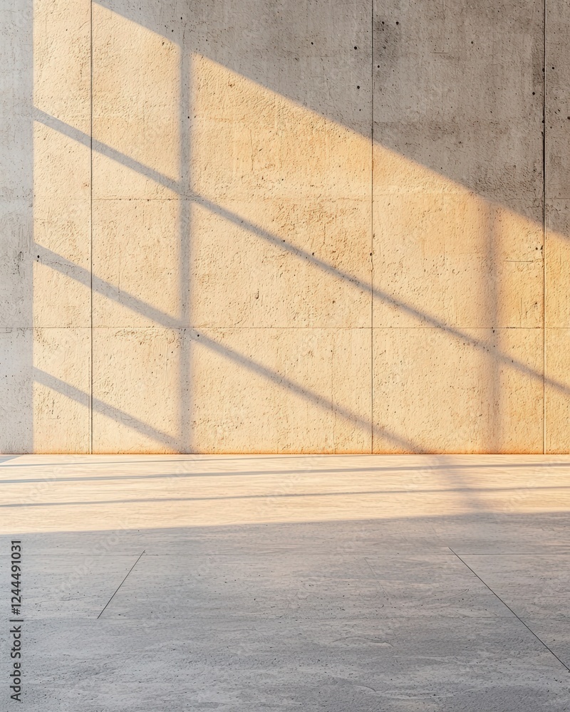 Poster a minimalist interior showcasing a concrete wall with dynamic shadows and light creating an inspirin