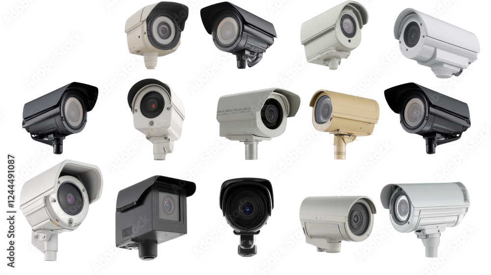 Poster security cameras pointing in different directions on transparent background