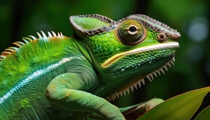 Vibrant Chameleon Up Close Striking Green Camouflage in Lush Tropical Rainforest, Perfect for Digital Art, Home Decor, or Inspiring Design